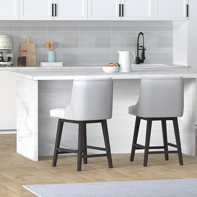 CHITA Counter Height Swivel Bar Stools Set of 2, FSC Certified Upholstered Counter Stools, Modern Swivel Barstools with Wood Legs for Kitchen Island, 26" Seat Height, Faux Leather in White