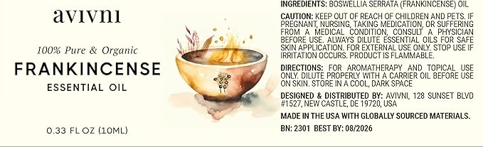 Frankincense Essential Oil - 100% Pure & Natural, Organic, Undiluted for Aromatherapy, Hair, Muscle, Diffuser (0.33oz - 10ml)