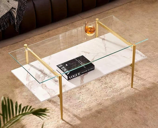 Shrine Rectangle Coffee Table, Mid-Century Modern Design, 2-Tier Structure, Clear Glass Top and White MDF Shelf, 41" D x 21" W x 17" H, Sleek Conical Metal Legs with Gold Finish