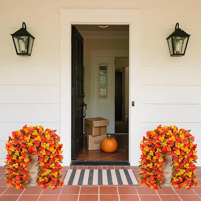 2 pcs Artificial Faux Bougainvillea Fall Flowers Plants for Outdoor Outside Decoration, Fake Silk UV Resistant Long Trailing Vines for Front Door Porch Planter Balcony Decor