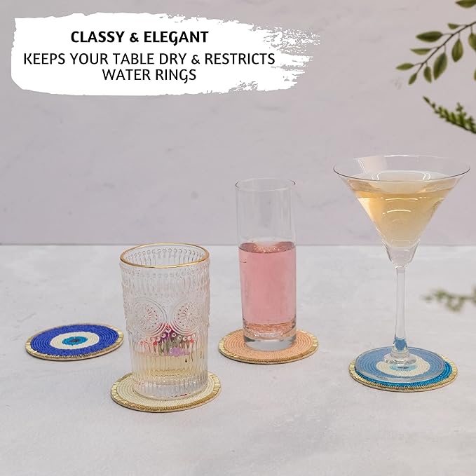 Folkulture Beaded Coasters for Drinks | Set of 4 (4") Round Decorative Bar Coasters for Table Décorations | Cute Boho Coaster Set for Cocktail | Modern Coaster for Coffee Table | Evil Eye Gifts|