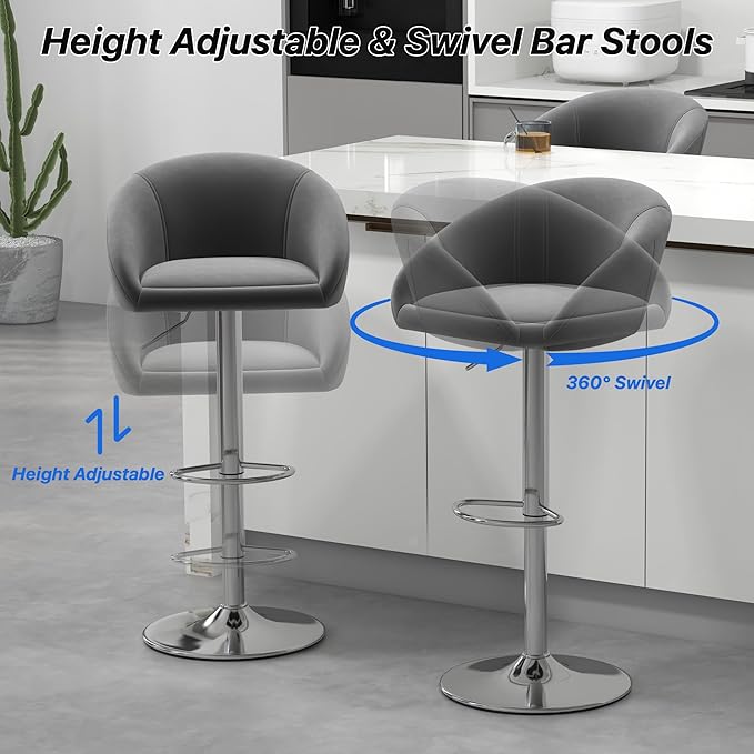 KCC Velvet Bar Stools Set of 6, Counter Height Bar Stools with Low Back, Swivel Barstool for Kitchen Island, Bar Pub (Gray)