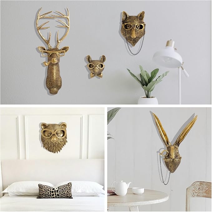 GUASDIE Animal Heads Wall Decor, Faux Deer Head Mount, Animal Sculptures Wall Decor, Resin Animal Head Wall Hanging Decoration for Living Room Bedroom Kitchen Gift,5pcs, 1587574779-65291236