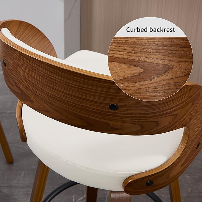 Swivel Bar Stools Set of 2, Walnut Counter Height Bar Stools with Back and Arms, 26" Modern Faux Leather Upholstered Bar Chairs with Bentwood Frame for Kitchen Island Bar - White