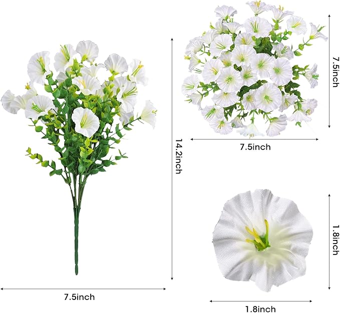 Ouddy Decor 24 Bundles Artificial Flowers for Outdoors Decoration Fake Silk Morning Glory Flowers Faux Eucalyptus Plants UV Resistant for Porch Patio Garden Spring Summer Home Decor, White