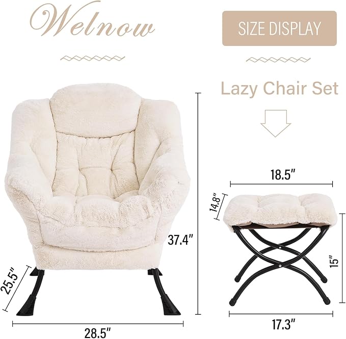 Welnow Lazy Chair with Ottoman, Modern Lounge Accent Chair with Armrests and a Side Pocket, Leisure Sofa Armchair, Reading Armchair with Footrest for Small Space, Plush Beige
