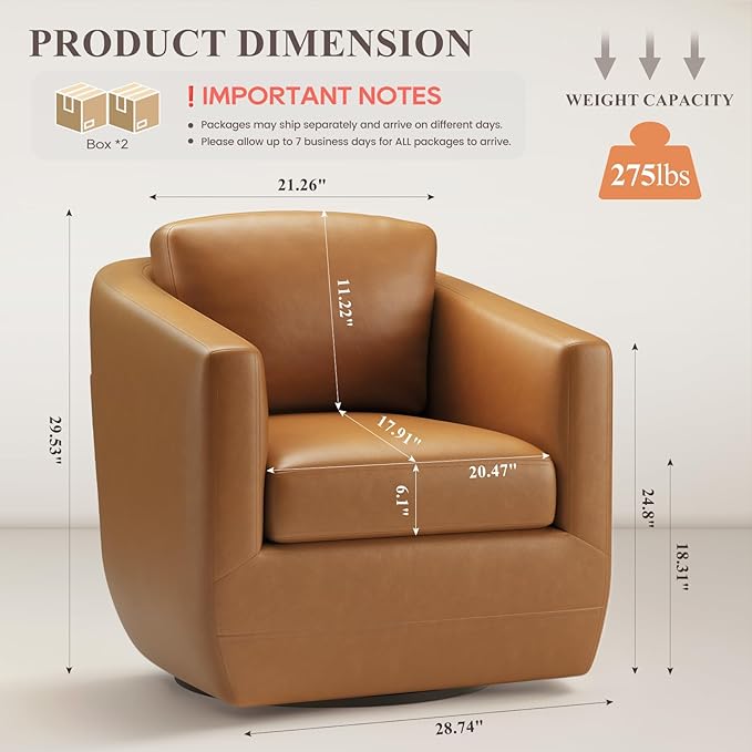 COLAMY 360° Swivel Accent Chair Set of 2 with Pillow, Leather Living Room Armchair No-Sag Foam & Sturdy Metal Base, Fully Assembled Swivel Single Sofa for Bedroom Living Room, Reading Room, Brown