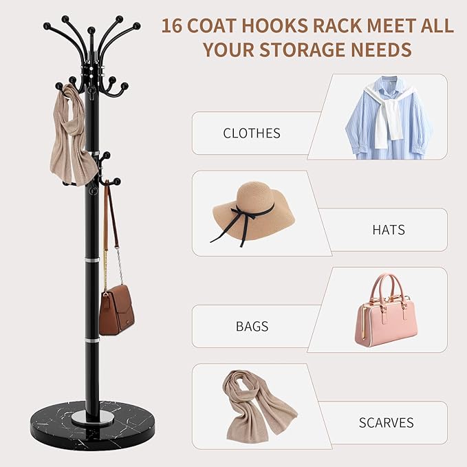 Modern Metal Coat Rack Stand, Coat Rack Freestanding with Natural Marble Base, 360°Rotary Design Sturdy Coat Racks with 16 Hooks, White Coat Hall Tree Stand for Entryway (Black)