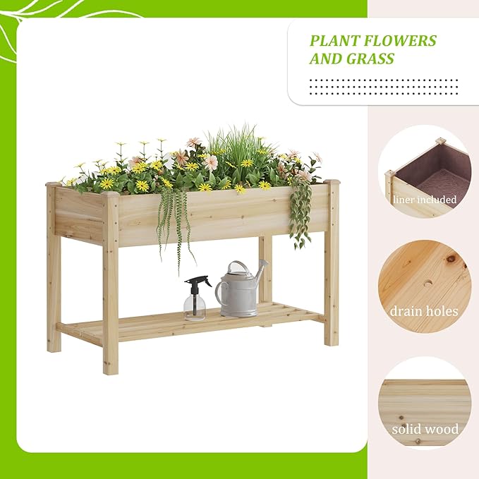 Raised Garden Bed, Planter Box with Storage Shelf, Elevated Wooden Planter Box with Legs, Garden Planter for Backyard, Patio, Balcony, Natural Wood (Natural, M)