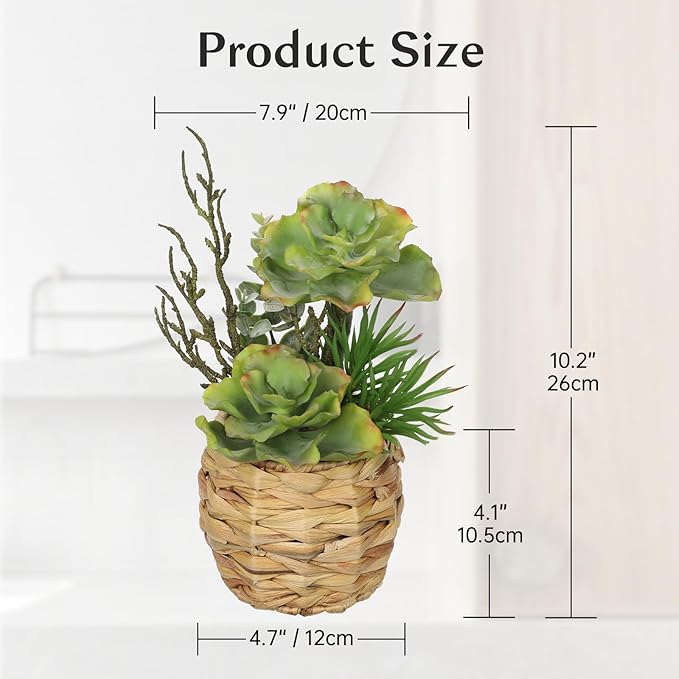 10" Large Succulents Plants Artificial in Wooden Pots, Potted Faux Succulent Arrangement with Woven Pots, Fake Desk Succulents Plants for Home Bathroom Shelf Table Indoor Decor