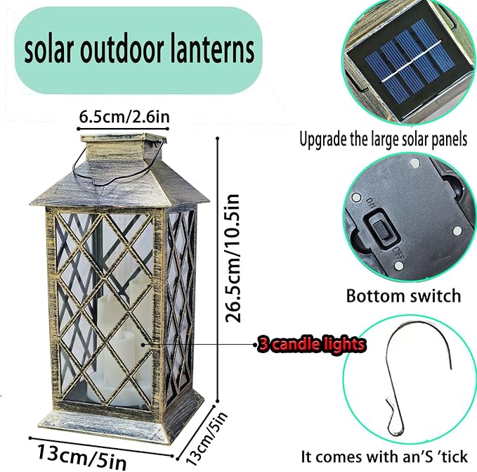 Solar Outdoor Lantern, Garden Hanging Waterproof Lanterns PVC Upgrade 3 LED Flickering Flameless Candle Decorative for Garden Women Mom Grandma Halloween Gifts (Grid Candle)