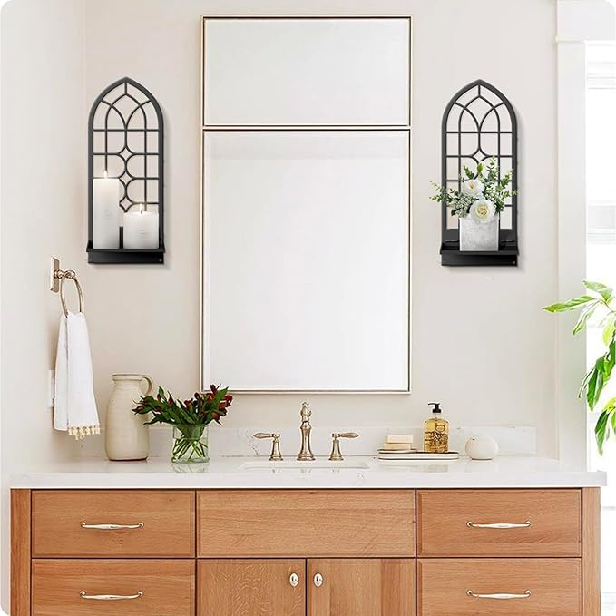 Wall Sconces Candle, Black Metal Wall Art Decor, Retro Line Wall Candle Holder for Living Room, Dining Room, Bedroom, Bathroom (16.5 x 7 in)