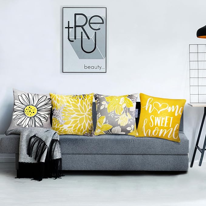 Yellow Linen Decorative Throw Pillow Covers 18x18 Pillow Cover Set of 4,Farmhouse Outdoor Pillow Covers, Throw Pillows Couch Pillow Covers for Sofa,Square Pillowcase Covers Home Decor