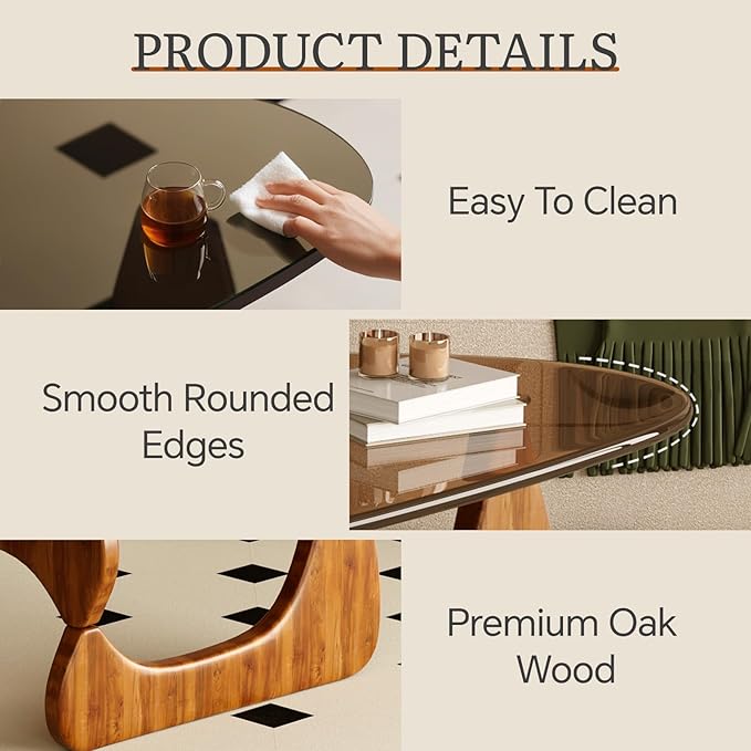 Glass Coffee Table for Living Room Mid Century Modern Triangle Center Table with Wooden Base, Brown/Walnut