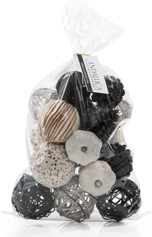 Natural Tones Vase & Bowl Mini Pumpkins Pinecone Fillers Decorative Balls | Home Decor (Black & White)