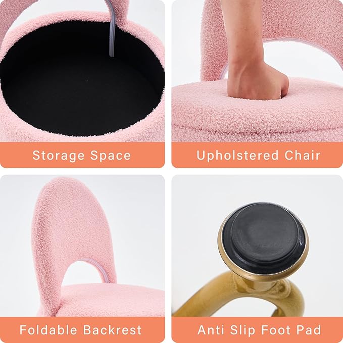 Storage Ottoman Vanity Stool Chair with Folding Back Teddy Velvet Makeup Chair Multifunctional Upholstered Footstool,4 Metal Legs with Anti-Slip Feet for Bedroom Living Room Entryway