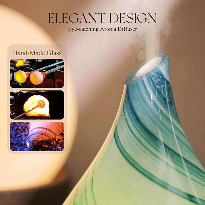 Porseme 150ml Essential Oil Diffuser Glass Color Changing Aroma Air Diffusers Aromatherapy Ultrasonic Cool Mist Humidifier 6 Running Hours Waterless Auto-Off for Sleeping Yoga Office Spa (Blue Ink)