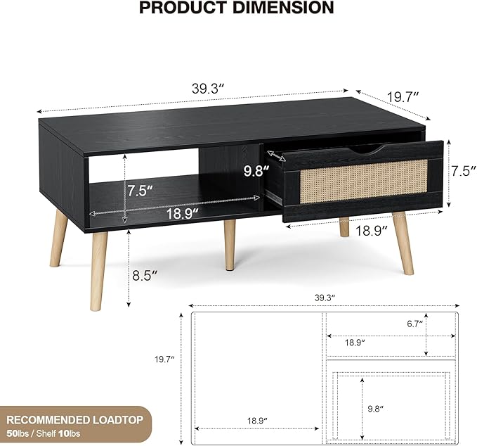 Wood Coffee Table with Storage, Boho Dining Table with Sliding Rattan Door Panel and Solid Wood Legs, Small Coffee Tables for Living Room, Oak (Black_LSJ007)