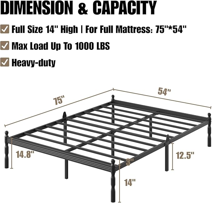 14 Inch Full Size Bed Frame with 2 Pcs Mattress Slide Stopper, Platform Bed Frame Full Metal, No Box Spring Needed, Easy Assembly, Heavy Duty, Noise Free, Non-Slip