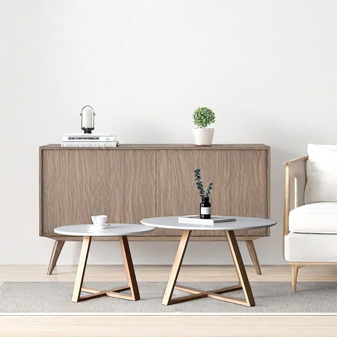 2Pcs Mid-Century Coffee Table Round, Easy Assembly Minimalist Nesting Table Set of2, Natural Wood Tea Table for Livingroom, Office,Balcony,Yard.Separately Use as Side Table Center Table