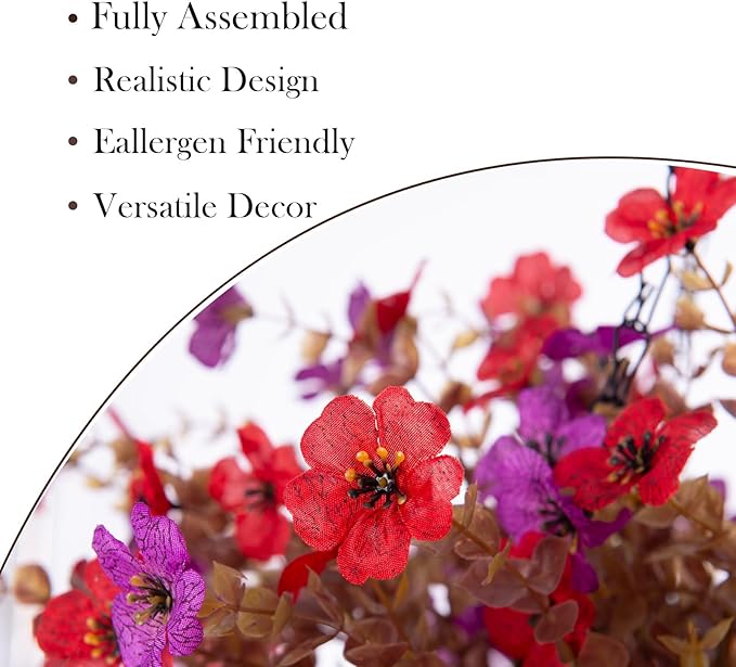 Fall Flowers Artificial for Decoration,Artificial Flowers for Outdoors,Autumn Fake Plants Home Decor Thanksgiving Realistic Silk Daisy,Fall Leaves UV Resistant Garden Courtyard Patio (Red Purple)