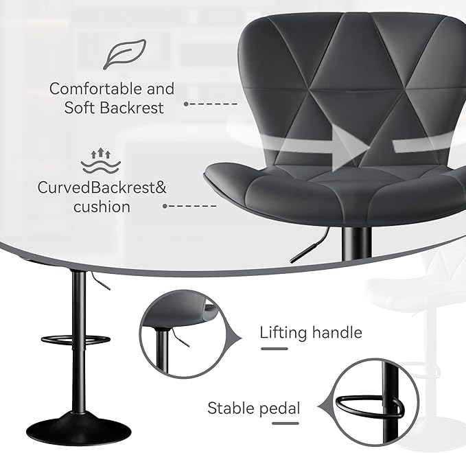 Bar Stools Set of 4,Adjustable Swivel Barstools,Counter Height Barstools with Backs Faux Leather Kitchen Island Bar Chair, Dark Grey