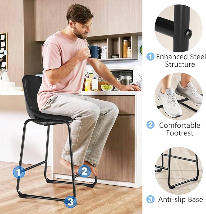 Rfiver Pu Faux Leather Bar Stools Set of 6, Industrial Pub Barstools with Back and Footrest, Modern Armless Bar Height Stool Chairs (Black, 24" Counter Chair x6)