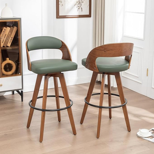 Barstools Set of 2,Counter Height Bar Stools for Kitchen Island,26.8 Inch Modern Upholstered Bar Chair, Swivel Counter Stools with Wood Back and Bamboo Legs (Green-PU)
