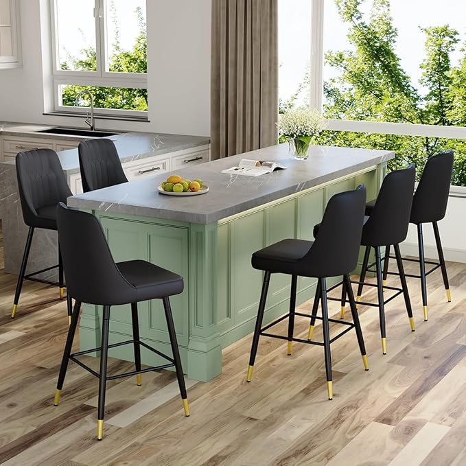 Black Bar Stools Set of 6,27" Counter Height Bar Stools Set of 6,Faux Leather Counter Stools with Soft Padded Seat & Curved Backrest,Modern Kitchen Island Chairs for Dining Café