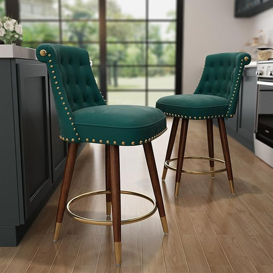 Counter Height Bar Stools, 360° Swivel Counter Stools Set of 2, Upholstered 24" Velvet Barstools with Back and Footrest for Kitchen Island, Seat Height, Solid Wood Legs, Fabric in Green
