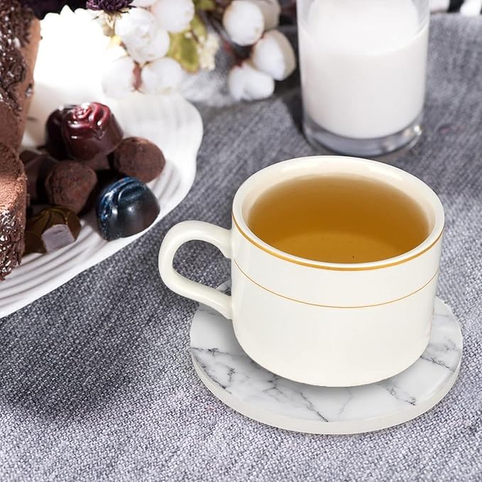 Ceramic Coasters Set of 4 with Holder Round Water Absorbent White Classic Marble Coasters Tabletop Protection,Wine Beer Bar Coasters,Home Decor，4 Inch