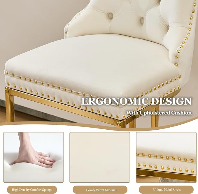 UVV Counter Height Bar Stools Set of 6, 26" Modern Barstools with Back, Velvet Upholstery Counter Chairs with Metal Legs for Kitchen Island, Bar, Counter, Beige