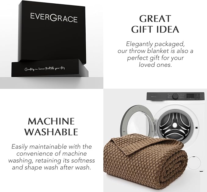 EVERGRACEHOME Chunky Chenille Knit Throw Blanket for Couch, Soft Luxurious Moss Stitch Blankets for Bed, Cozy Decorative Farmhouse Knitted Throws for Sofa, Camel Brown, 50" x 60"