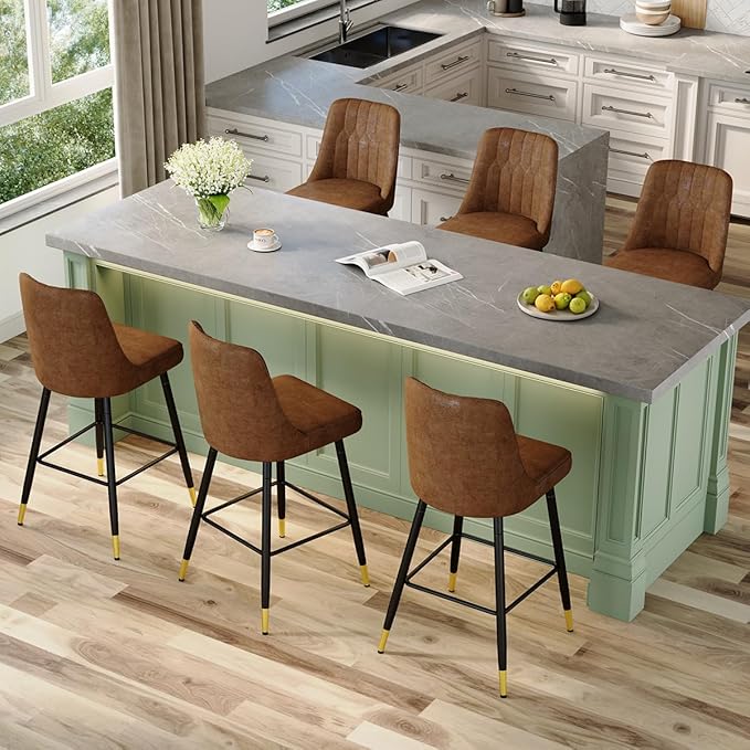 Brown Bar Stools Set of 6,27" Counter Height Bar Stools Set of 6,Faux Leather Counter Stools with Soft Padded Seat & Curved Backrest,Modern Kitchen Island Chairs for Dining Café