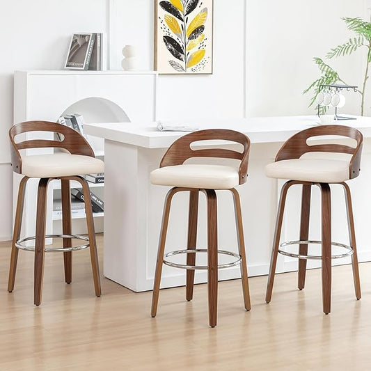 Bar Stools Set of 3, Swivel Bar Stools with Walnut Craftsmanship, Bentwood Curved Back, Upholstered Faux Leather, Soft Cushion Seat, Mid Century BarStools for Bar/Pub/Cafe (Beige, 30" Seat Height)