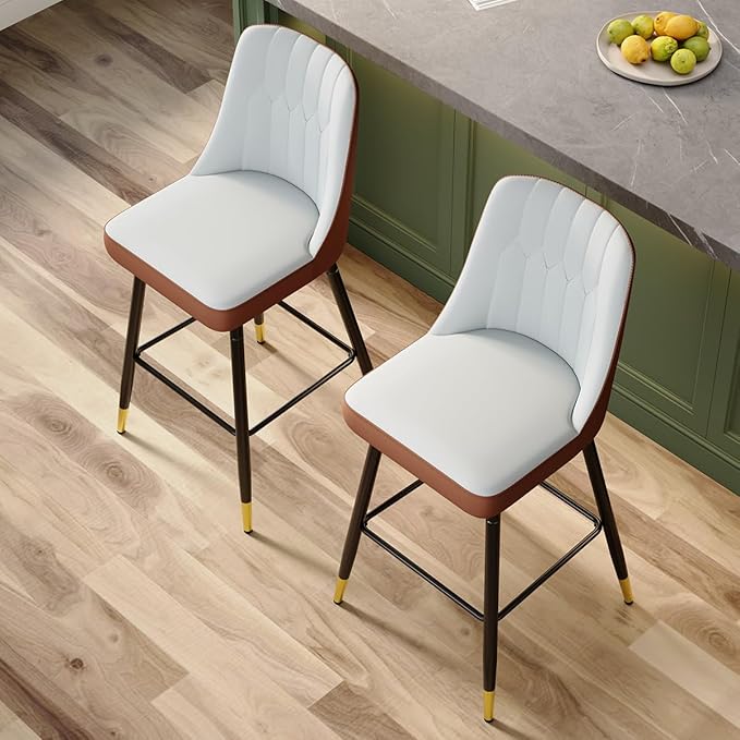 Grey Bar Stools Set of 2,27" Counter Height Bar Stools Set of 2,Faux Leather Counter Stools with Soft Padded Seat & Curved Backrest,Modern Kitchen Island Chairs for Dining Café