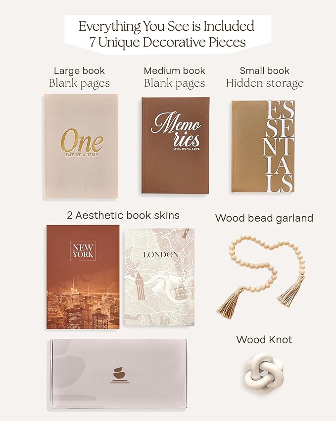 JULZEN Linen Decorative Books for Home Decor - Aesthetic Set of 3 Beige Fake Books for Coffee Table Decor with Faux Book Box Storage, Wood Knot & Bead Garland - Neutral Living Room Decoration