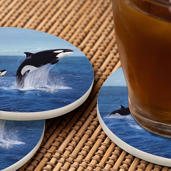 Killer Whale Leaping Drink Coasters Modern Aquatic Animal Jumping Sea Orcinus Orca Ocean Cetacean Housewarming Presentss for New Home Present for Friends,2 Pcs,4 X 4 X 0.35 Inches