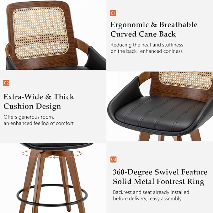 Mid Century Modern Counter Stools - 29.5 inch Swivel Rattan bar stools with Cane Back, Upholstered Faux Leather, Walnut Craftsmanship (Walnut Black, Set of 3/30 inch)