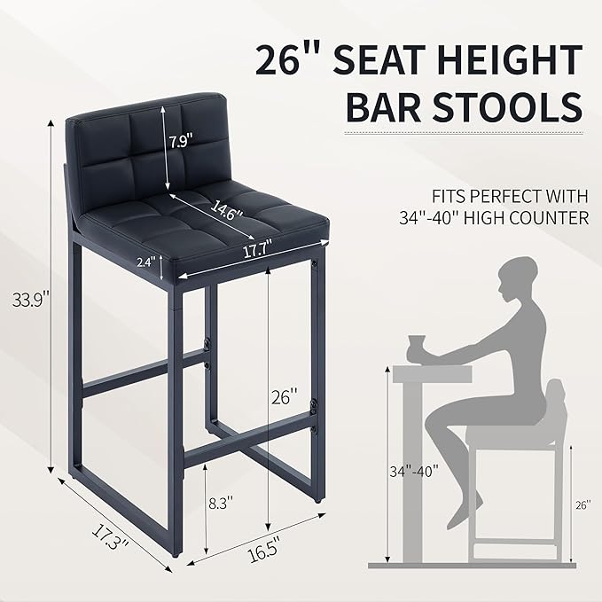 Bar Stools Set of 4, PU Leather Counter Height Barstools with Low Back and Thickened Metal Legs, 26 Inch Modern Island Chairs for Kitchen Island, Bar, Counter (Black, 4Pcs 26" Bar Stools)