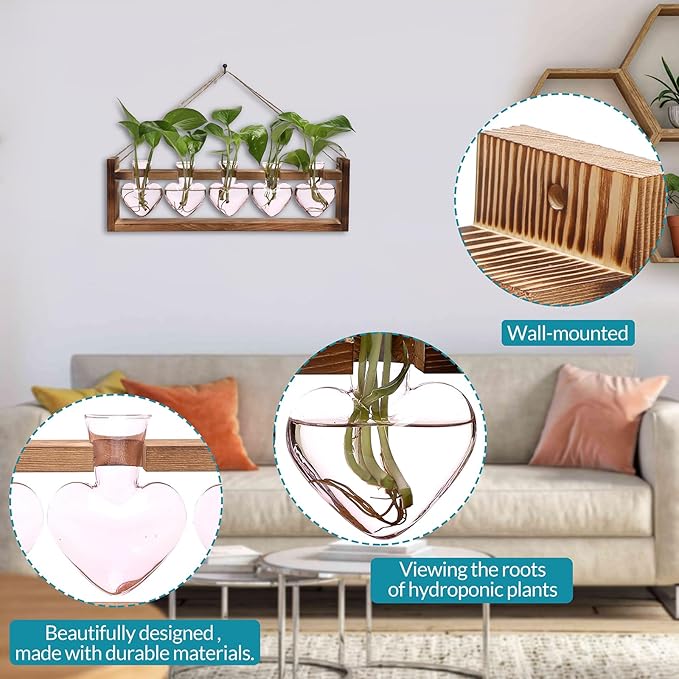 Plant Terrarium Hanging Propagation Stations Gift for Women Plant Lover air Plant Holder with Wooden Stand Heart Glass