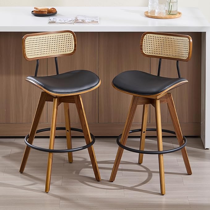 Swivel Bar Stools Set of 2, Faux Leather Counter Height Stools with Rattan Back, 26" Seat Height Upholstered Bar Chairs with Bentwood Wood Frame for Kitchen Island - Black