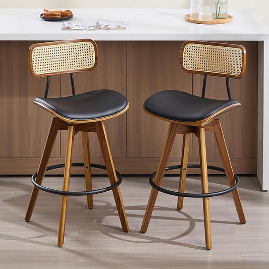 Swivel Bar Stools Set of 2, Faux Leather Counter Height Stools with Rattan Back, 26" Seat Height Upholstered Bar Chairs with Bentwood Wood Frame for Kitchen Island - Black