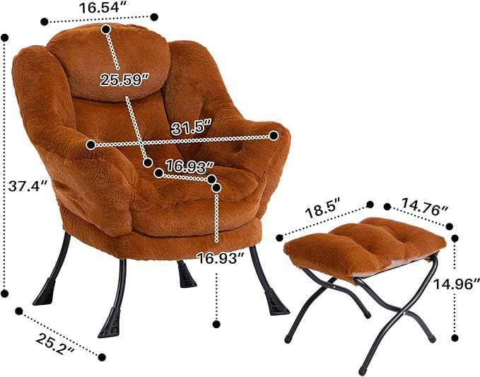 HollyHOME Fabric Lazy Chair with Foldable Ottoman, Accent Comfy Lounge Arm Chair and Folding Footrest Stool Set, Leisure Sofa Reading Chair and Footstool for Living Room, Bedroom, Dorm, Dark Brown