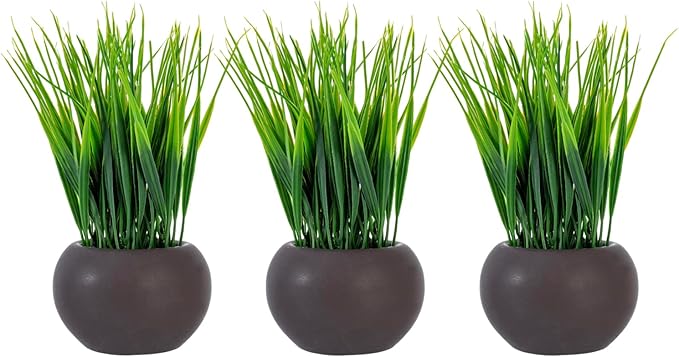 MyGift 7 Inch Tall Modern Mini Artificial Grass Plants in Small Round Brown Ceramic Pots, Decorative Tabletop Faux Greenery Indoor Home Decor, Set of 3