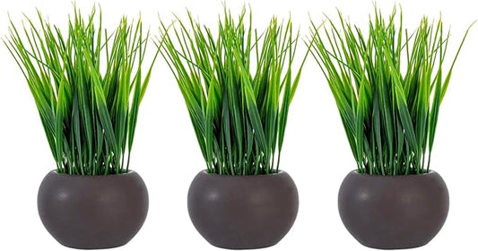 MyGift 7 Inch Tall Modern Mini Artificial Grass Plants in Small Round Brown Ceramic Pots, Decorative Tabletop Faux Greenery Indoor Home Decor, Set of 3