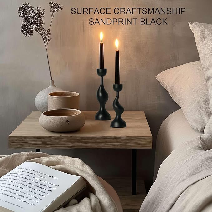 Smtyle Holloween Modern Sculptural Black Candle Stick Holders Cast-Aluminum Taper Set of 2 (7″ & 8″) Dual-Height Candlesticks for Dining Table Wedding or Home Decor