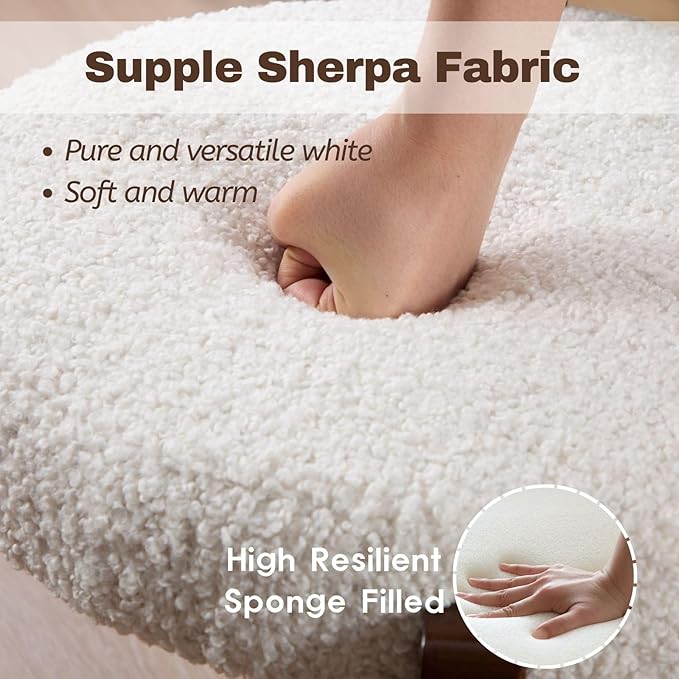 LukeAlon Cute Sherpa Upholstered Vanity Stool, Round Comfy Boucle Makeup Stool with Wooden Legs Small Ottoman Chair Modern Padded Seat Foot Rest for Makeup Room Cloakroom Bedroom, White