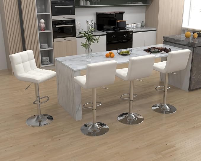 Modern Counter Height Bar Stools Set of 4, Armless Adjustable Swivel Square Bar Chairs Kitchen Barstools with PU Leather and Large Base for Dining Room/Island(White)
