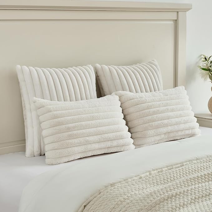 FUTEI Cream White Striped Decorative Throw Pillow Covers 16x16 Inch Set of 2,Square Fall Decorations Couch Pillow Case,Soft Cozy Faux Rabbit Fur & Velvet Back,Modern Home Decor for Bed